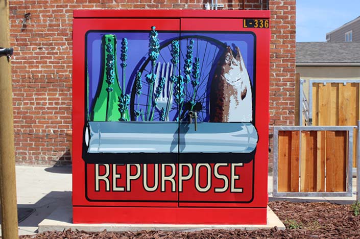 A power box with a fix, bottle, and bike wheel painted on it.